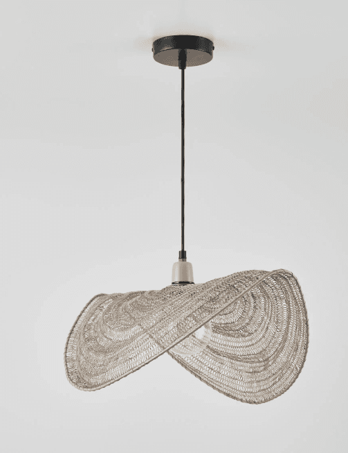 A pendant light featuring a unique, wavy, organic-shaped shade made from a woven textile or natural… — 3D model
