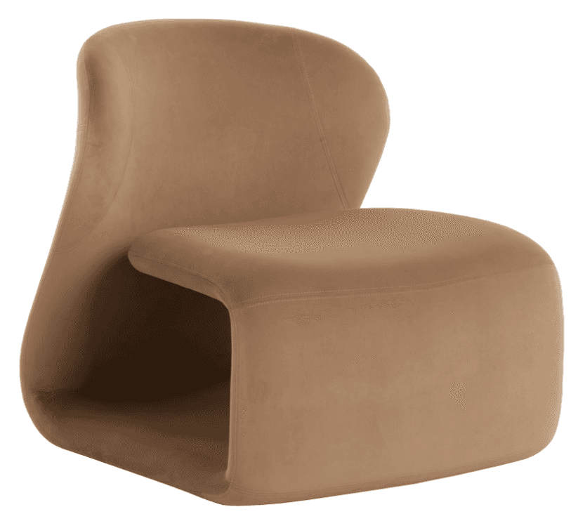 A contemporary, sculptural armless lounge chair, fully upholstered in a camel-colored velvet or velo… — 3D model
