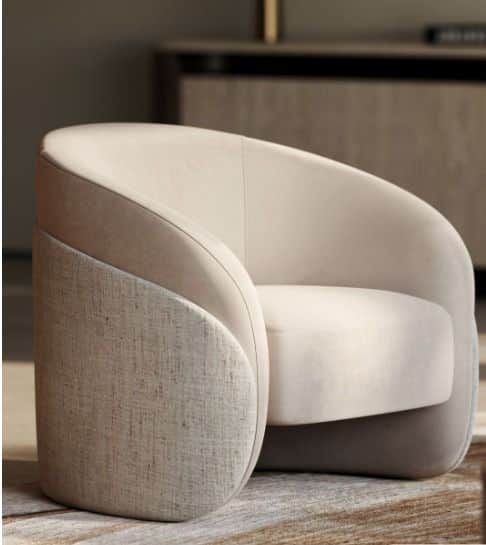 A contemporary upholstered barrel armchair featuring a continuous curved back and armrests, with a t… — free BLEND 3D model