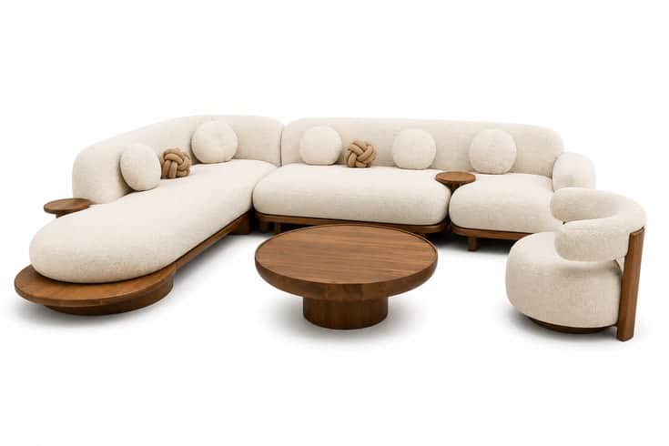 A modern living room furniture ensemble, consisting of a large, curvilinear modular sectional sofa u… — 3D model
