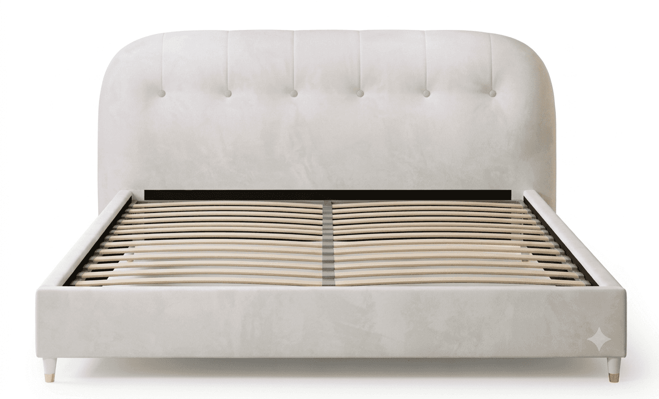 An off-white upholstered bed frame featuring a generously curved headboard with vertical channel tuf… — 3D model