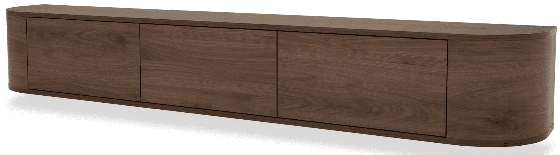 A sleek, modern floating media console crafted from dark walnut wood. It features an elongated, rect… — 3D model
