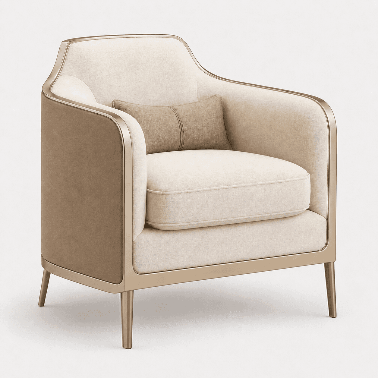 A modern upholstered armchair featuring a prominent gold-toned metal frame that defines its silhouet… — 3D model