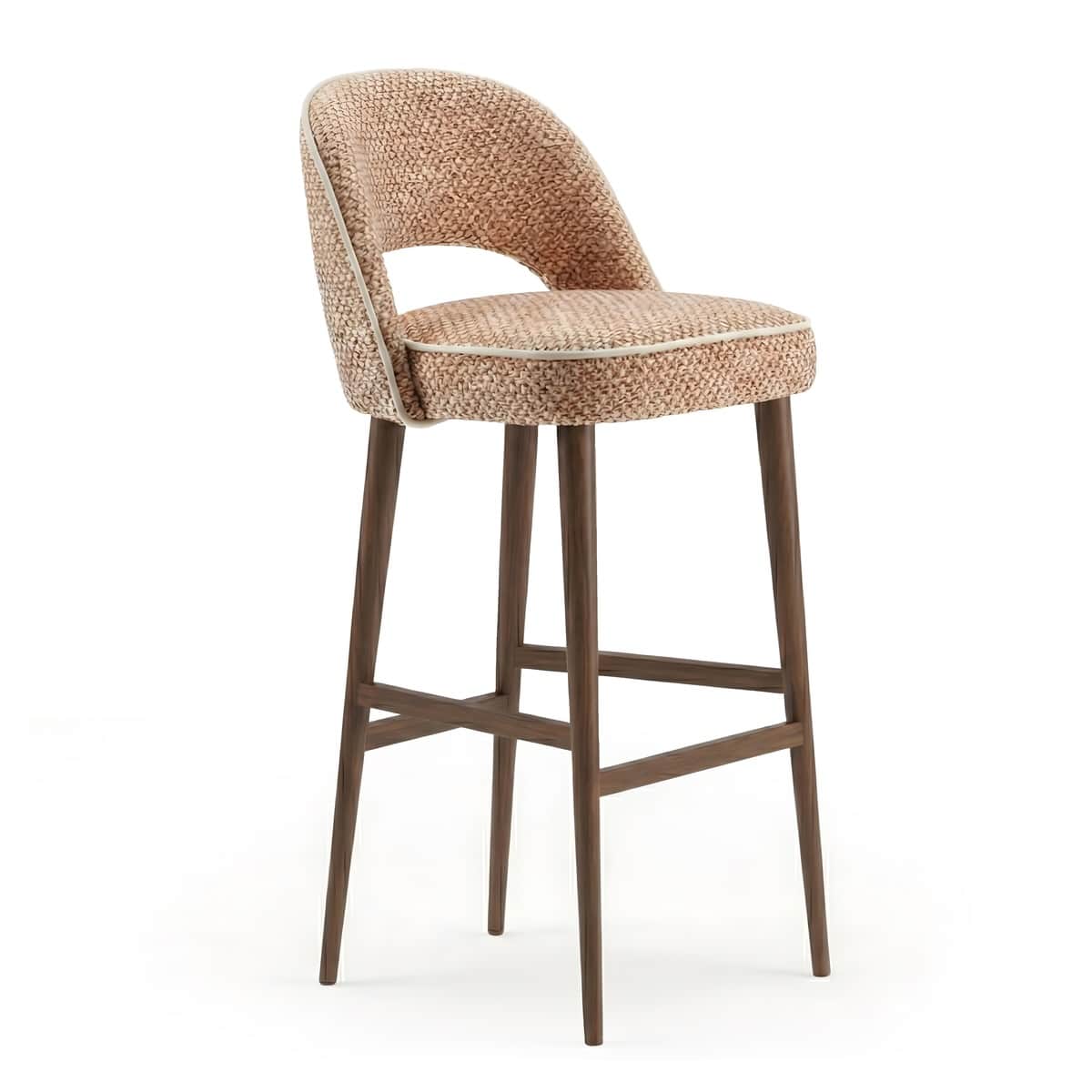 A contemporary bar stool with a curved backrest and a cushioned seat. The stool features wooden legs… — 3D model