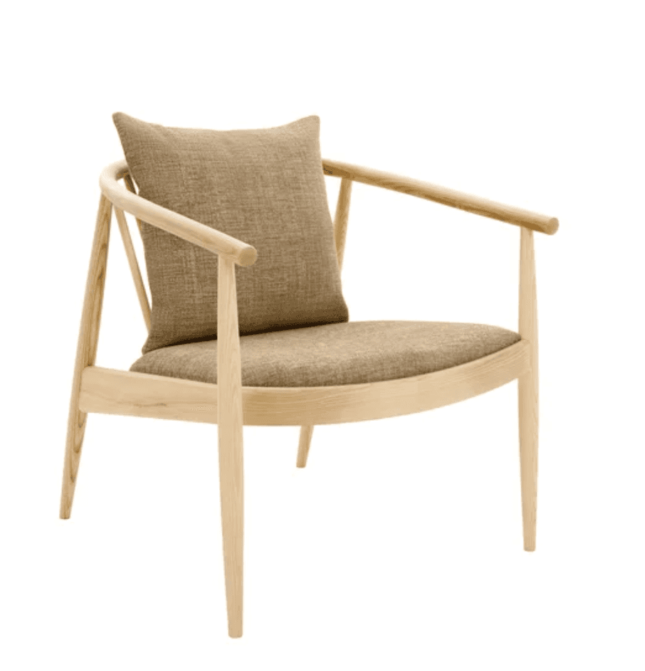 A modern Scandinavian-style lounge chair featuring a light wood frame and beige fabric upholstery. T… — 3D model