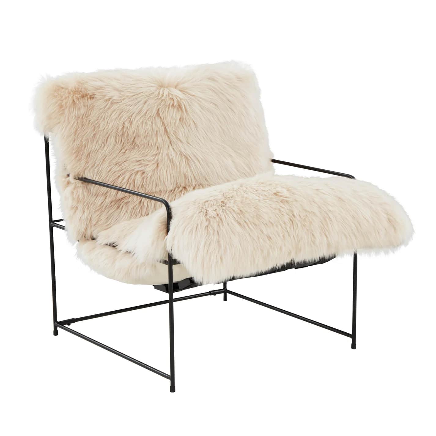 A modern armchair featuring a minimalist black metal frame and plush, cream-colored faux fur upholst… — 3D model