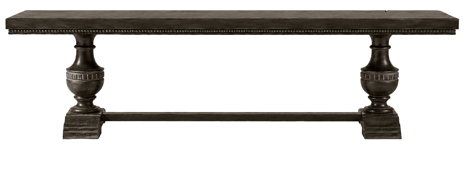 A long, rectangular console table featuring a distressed, antiqued dark bronze finish. The table is… — 3D model