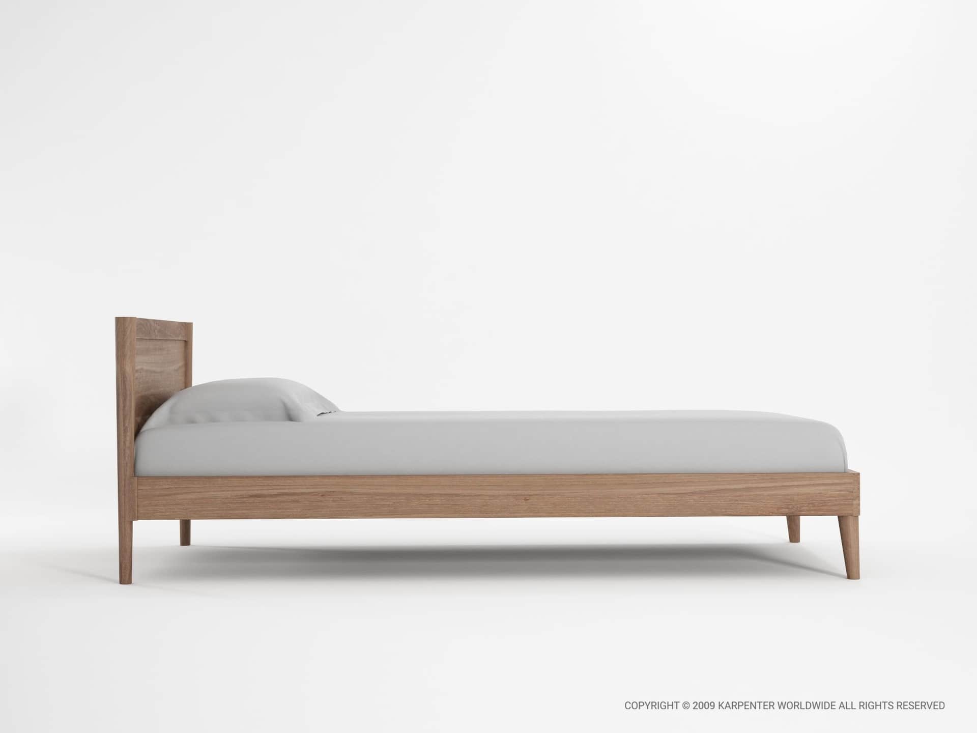 A minimalist platform bed featuring a light-toned wooden frame, a simple solid headboard, and four t… — free SKP 3D model