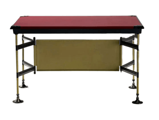 A modern desk with a rectangular red top and a gold-colored panel in the middle section of the frame… — 3D model