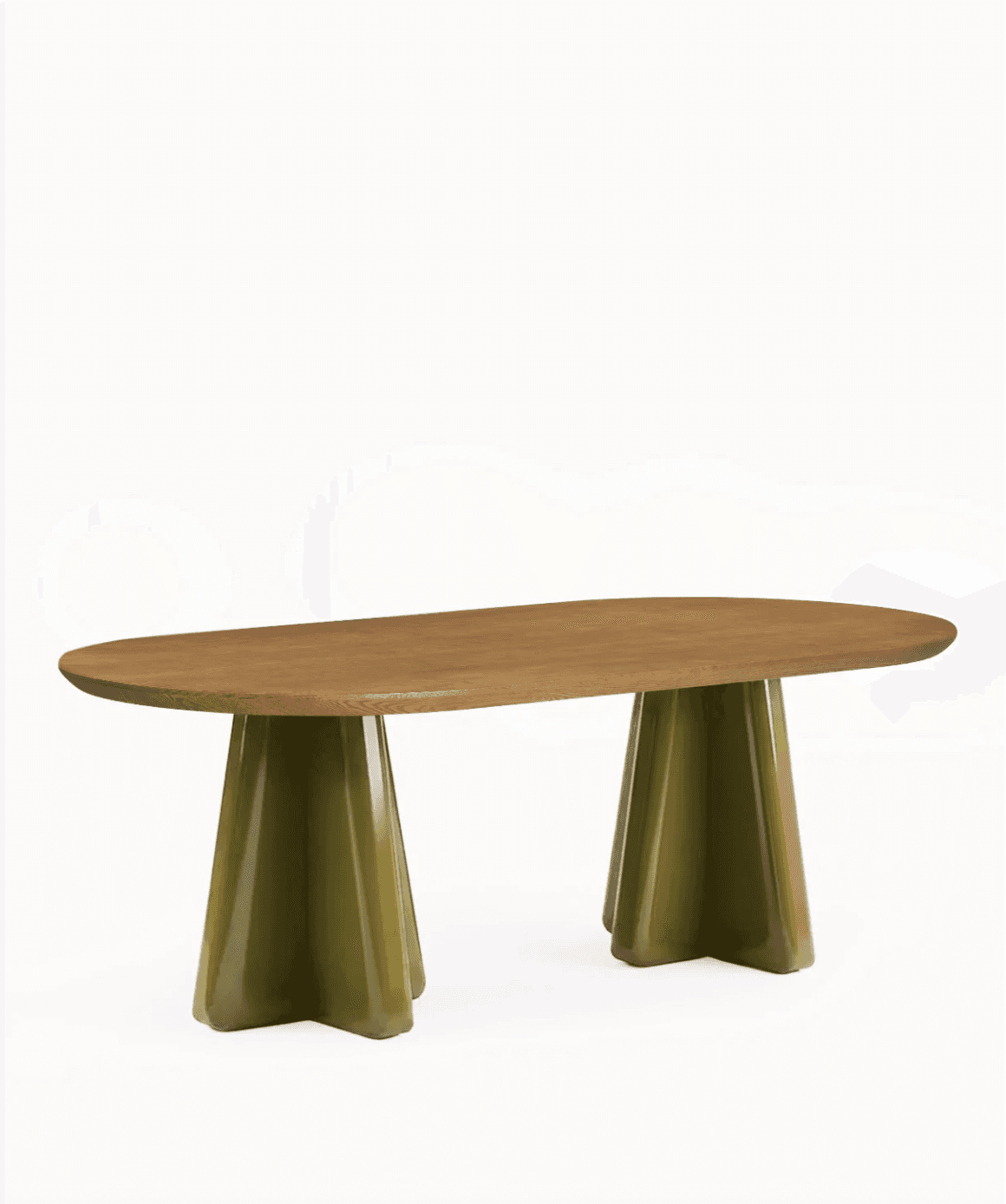 An oval dining table featuring a natural wood top and two substantial, sculptural bases finished in… — free OBJ 3D model