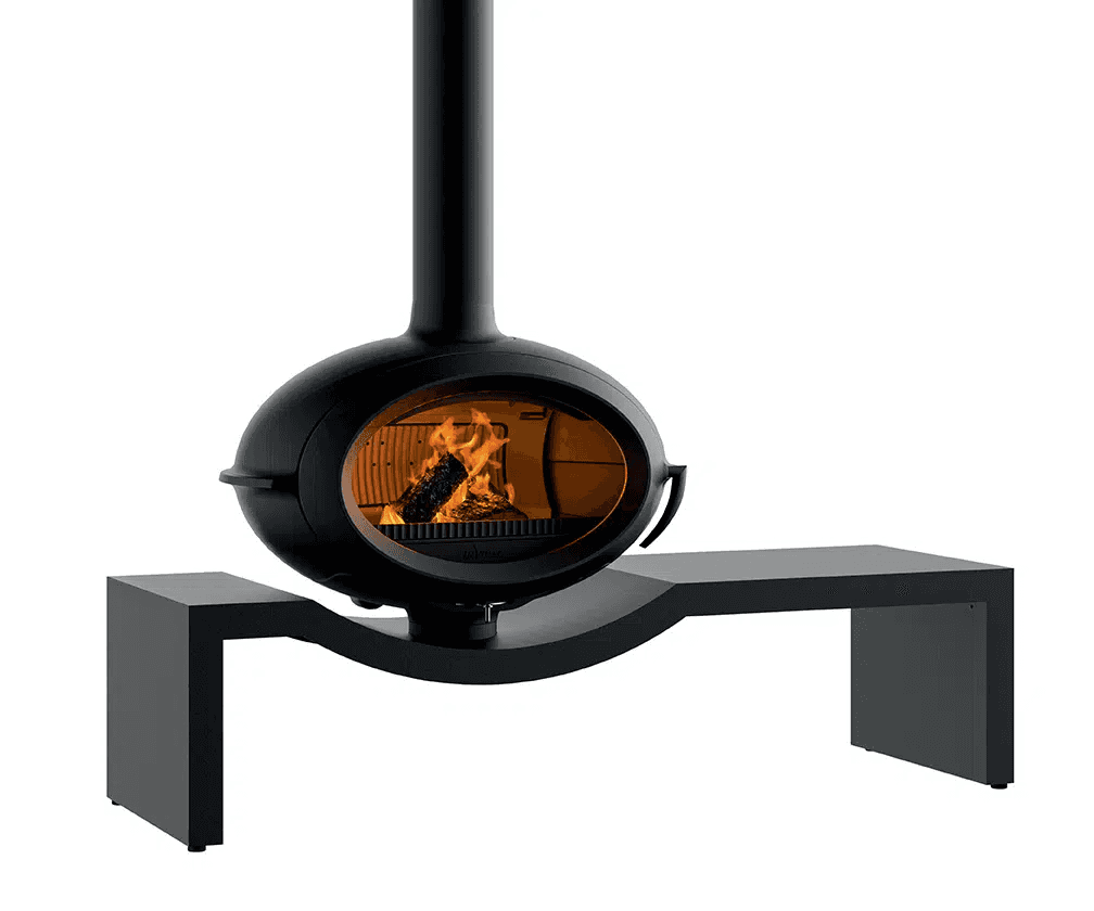 A modern, suspended fireplace with a rounded, oval-shaped combustion chamber featuring a glass viewi… — 3D model