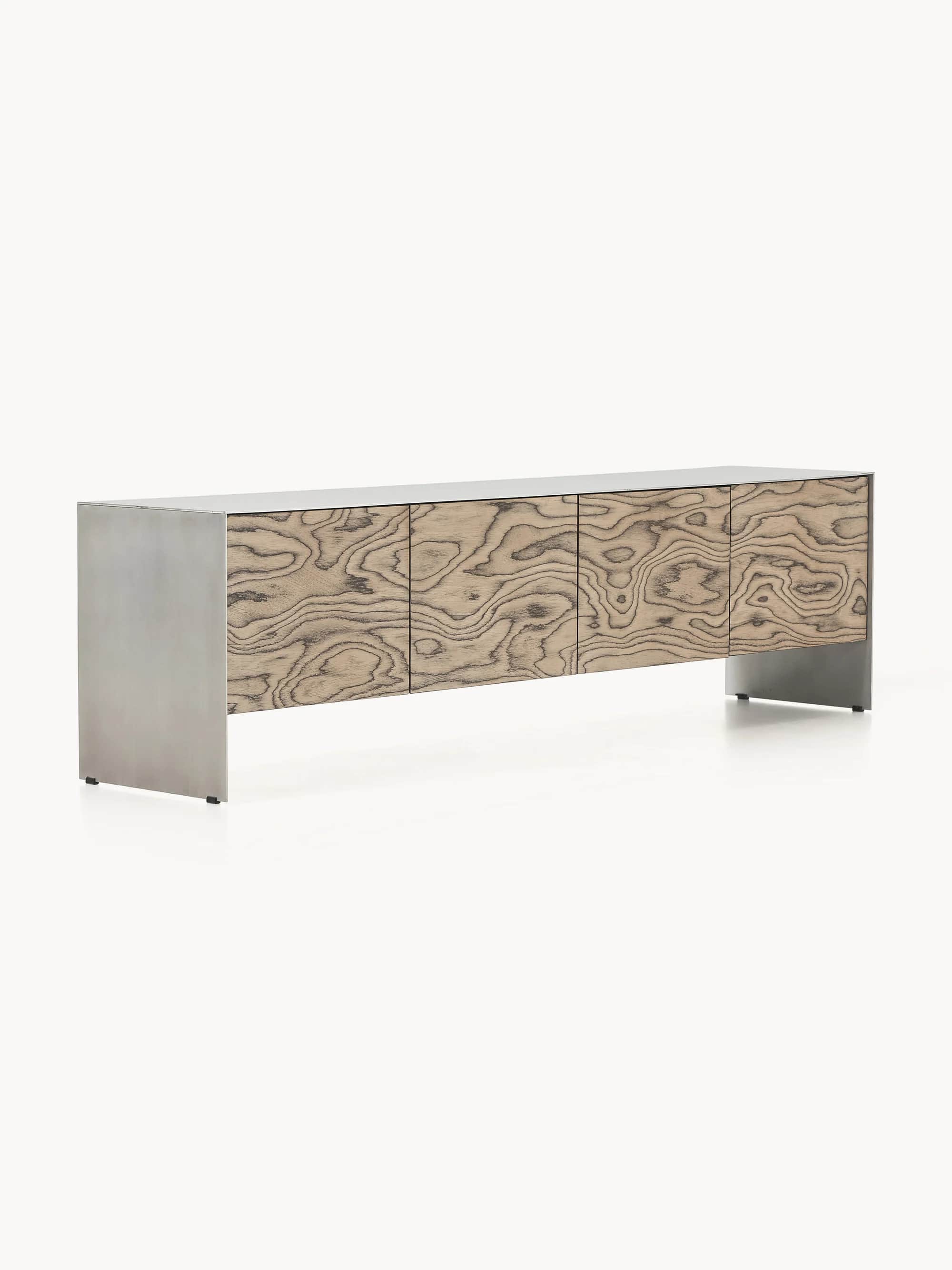 A modern credenza with a rectangular form. It features a brushed metal frame and base, with three ca… — free OBJ 3D model
