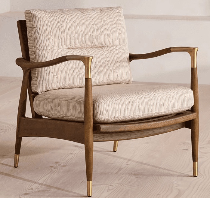 A mid-century modern inspired lounge chair featuring a sturdy exposed dark wood frame, comfortable l… — free OBJ 3D model
