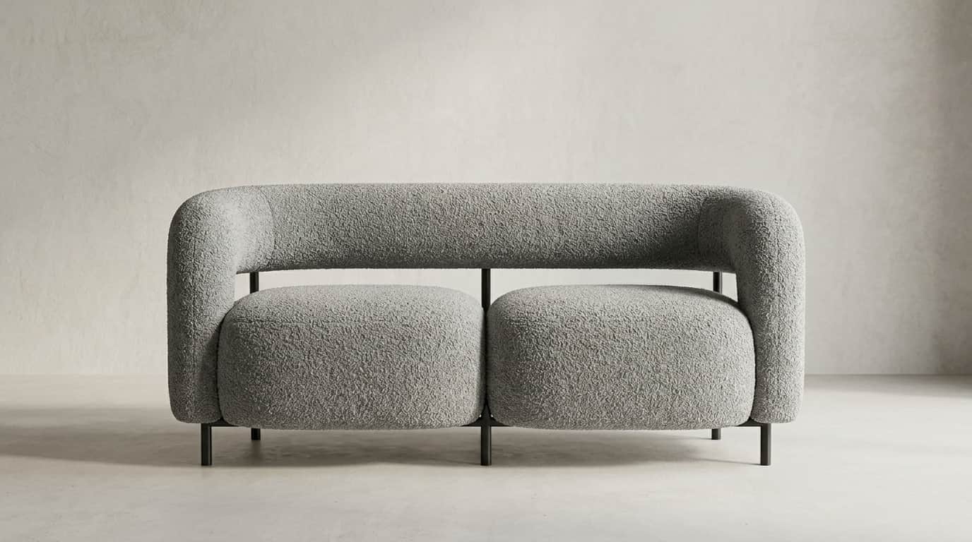 A modern two-seater sofa featuring a distinctive U-shaped backrest and armrests, upholstered in a li… — 3D model