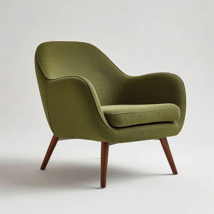 A single olive green upholstered lounge chair featuring a curved, enveloping backrest and integrated… — 3D model