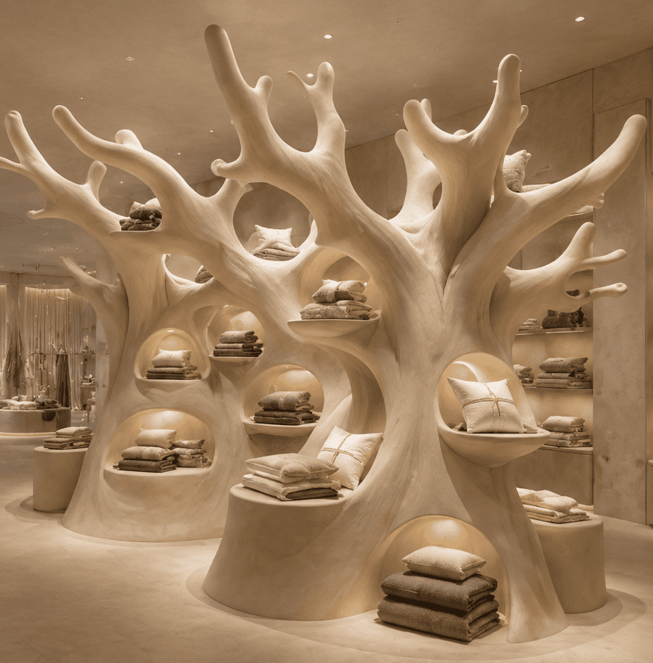A pair of sculptural, organic tree-shaped display units, rendered in a light beige composite materia… — 3D model