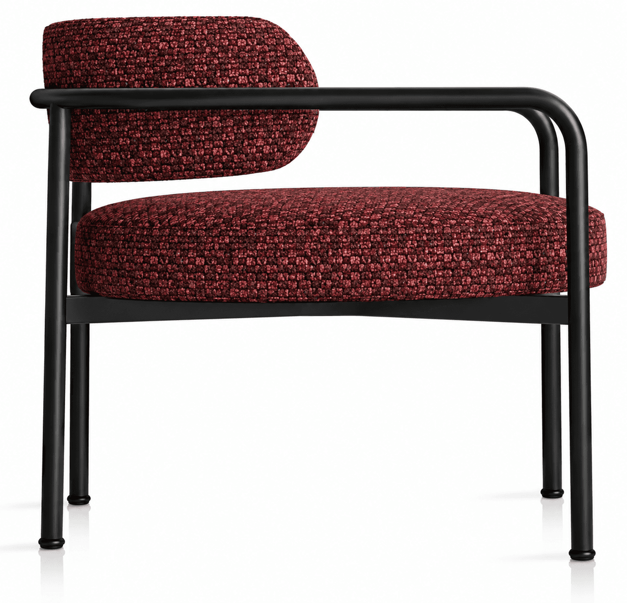 An industrial-style armchair featuring a black tubular metal frame and deep red-brown, textured fabr… — 3D model