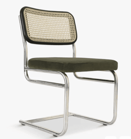 A modern dining chair with a chrome-plated tubular steel frame. The seat is upholstered in a dark gr… — 3D model