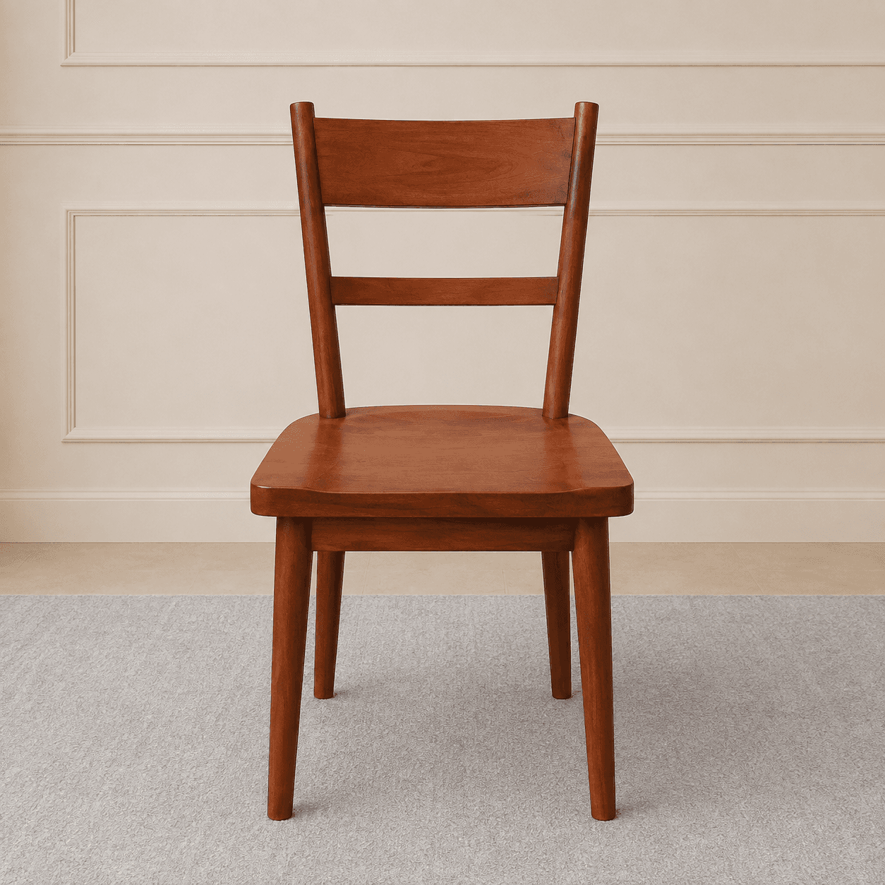 An armless wooden dining chair featuring a slatted backrest, contoured seat, and four tapered legs,… — 3D model