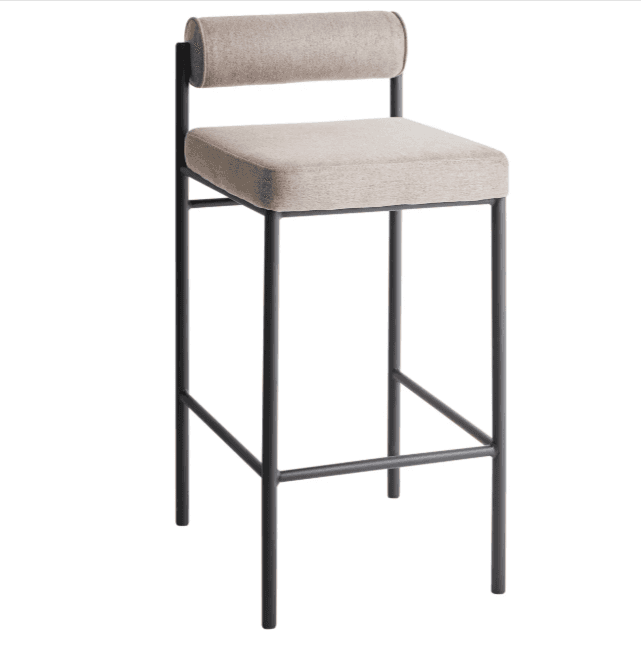 A contemporary bar stool featuring a minimalist dark metal frame with a square upholstered seat and… — 3D model