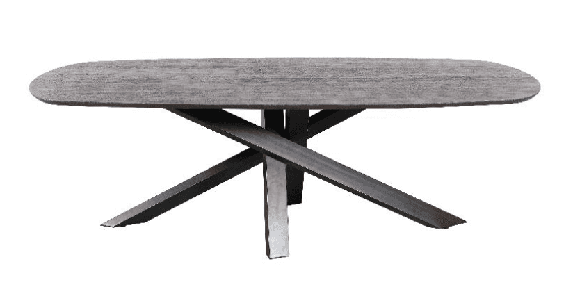 An oval dining table with a textured, light brown top and a dark, geometric metal base. The base con… — 3D model