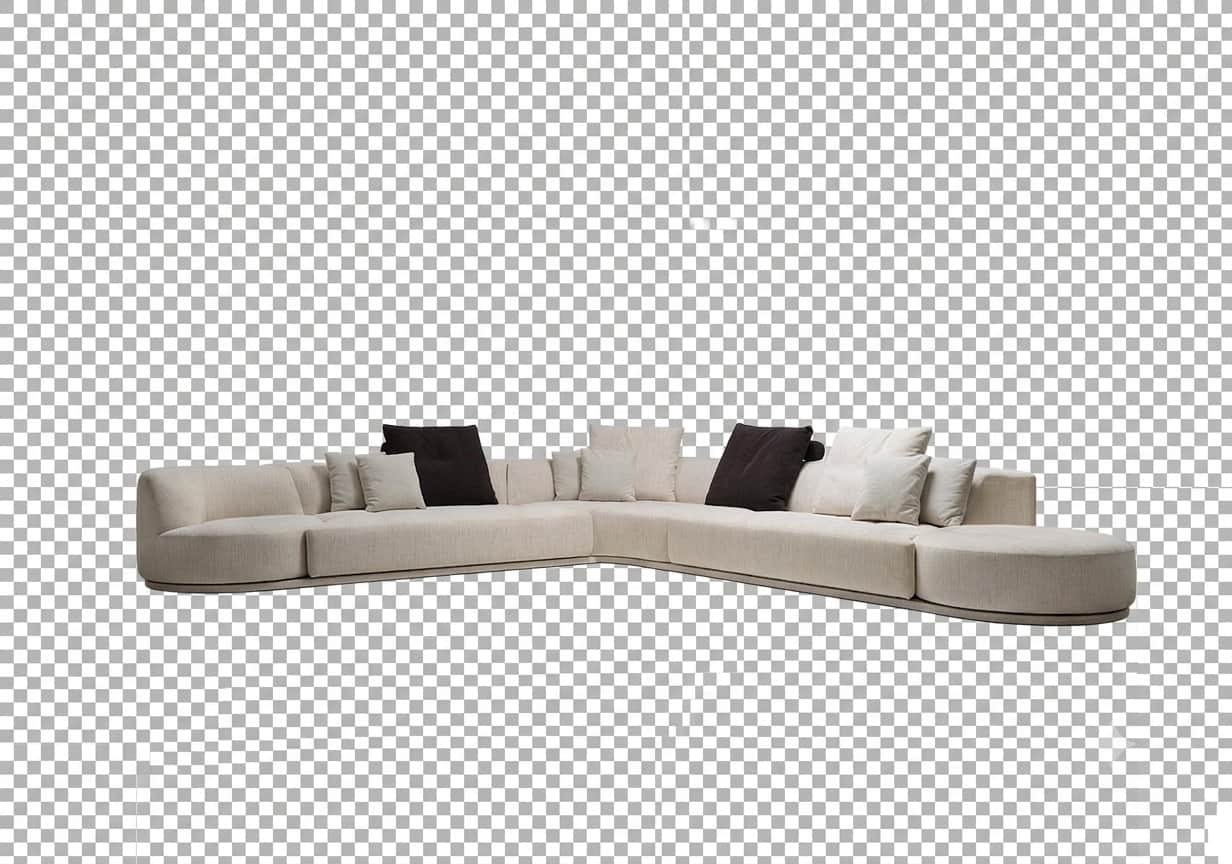 A large, contemporary low-profile curved modular sectional sofa, upholstered in a light beige woven… — 3D model