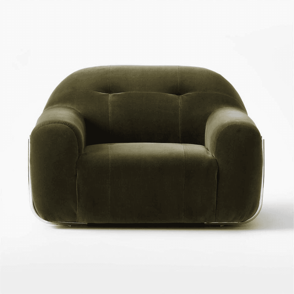 A plush, tufted armchair with a rounded silhouette. The upholstery appears to be a soft velvet fabri… — 3D model