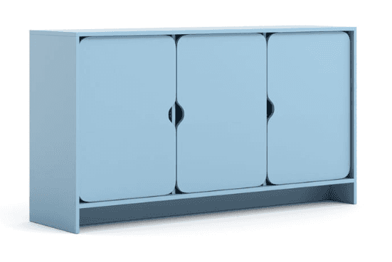 A light blue cabinet with three doors. Each door has a recessed, curved handle integrated into its d… — 3D model