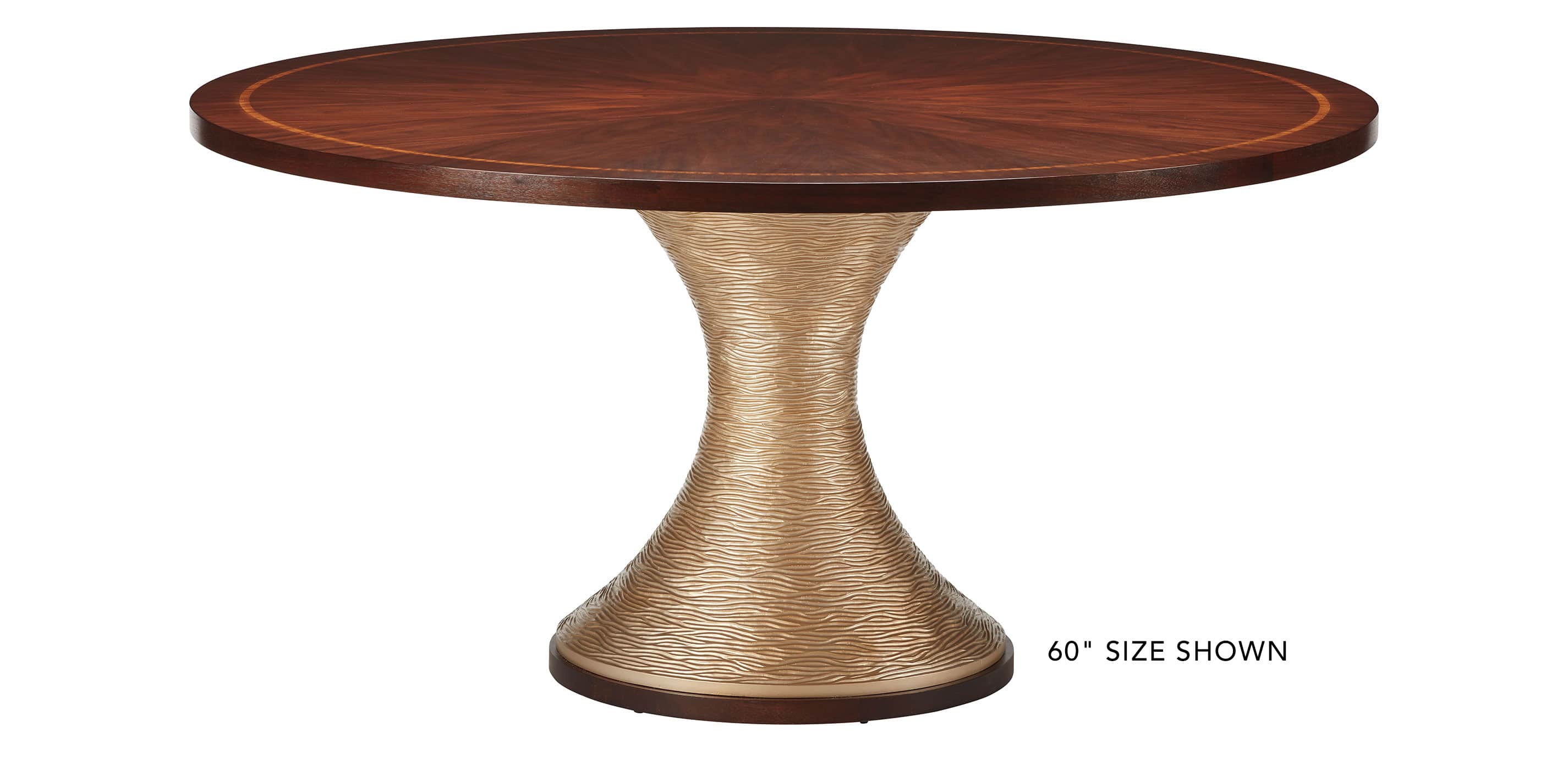 A sophisticated round dining table featuring a dark wood top with a distinctive radial veneer patter… — 3D model