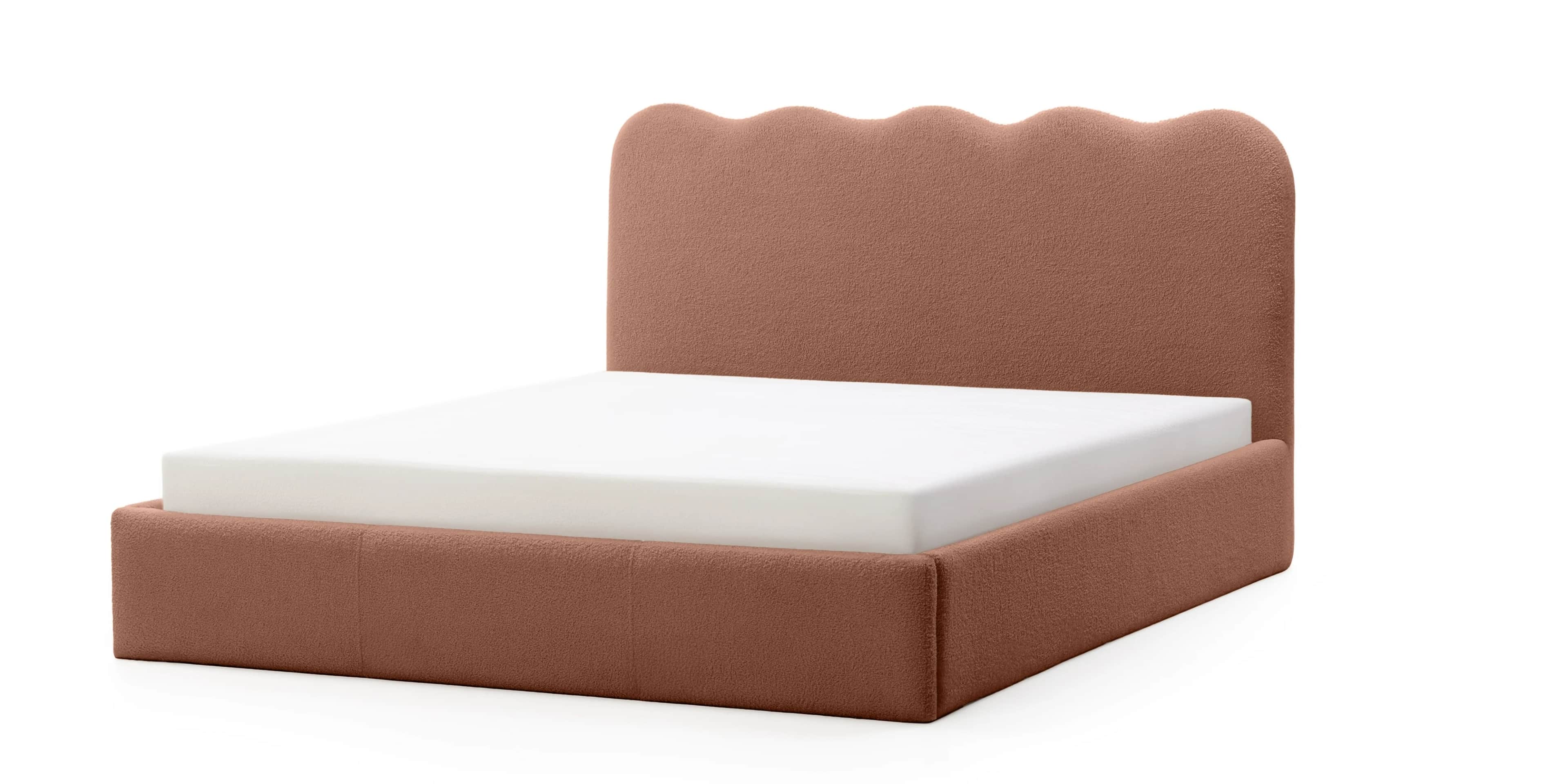 A bed frame upholstered in a textured, rust-colored fabric. The headboard features a distinctive sca… — 3D model