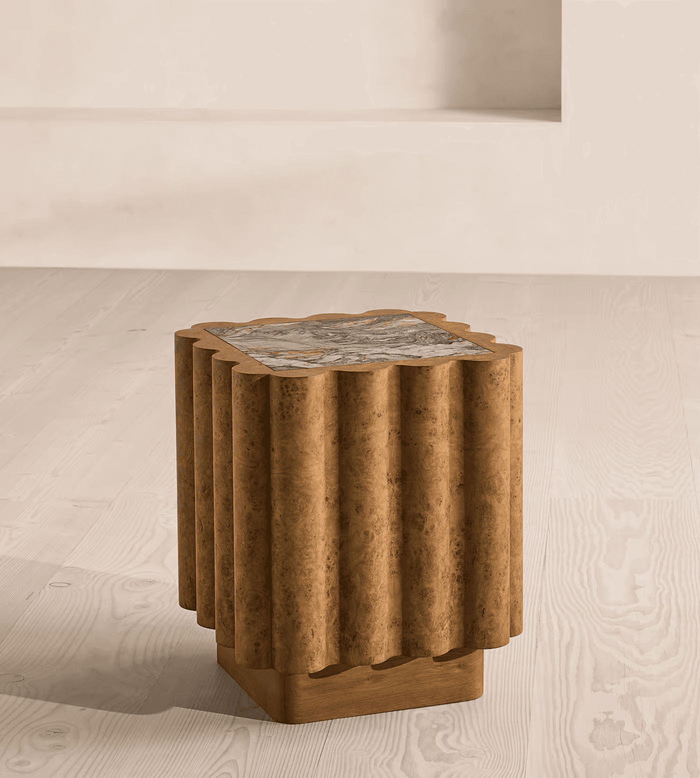 A fluted end table with a burl wood finish and a marble top. The base is rectangular and made of woo… — 3D model