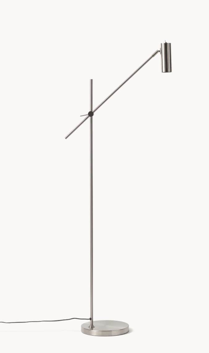 A minimalist floor lamp with a brushed metal finish, featuring a slim vertical stand and an adjustab… — 3D model