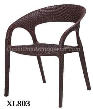 A dark brown, molded plastic armchair designed with a textured surface mimicking woven rattan. It fe… — free OBJ 3D model