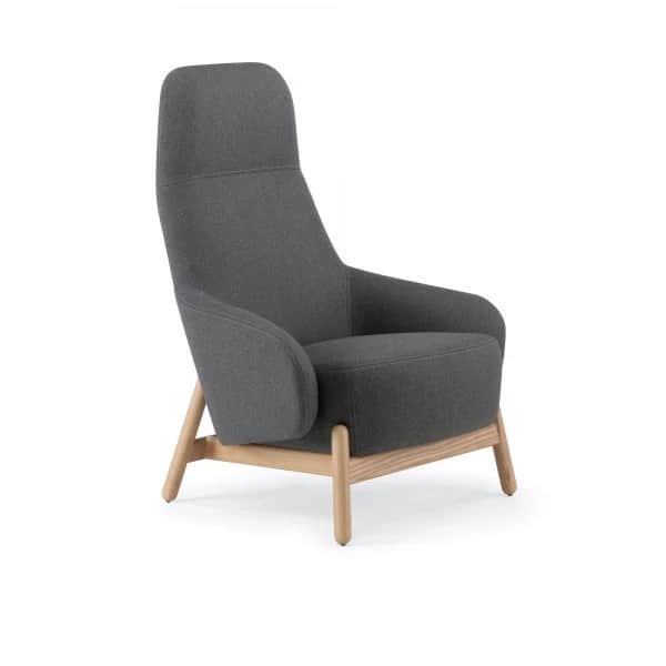 A modern high-back lounge armchair featuring dark grey fabric upholstery and a visible light-toned w… — 3D model