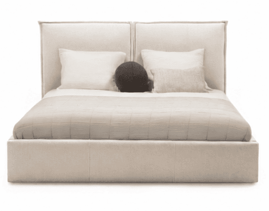A modern upholstered platform bed featuring a low-profile frame and a tall, two-panel headboard, all… — 3D model