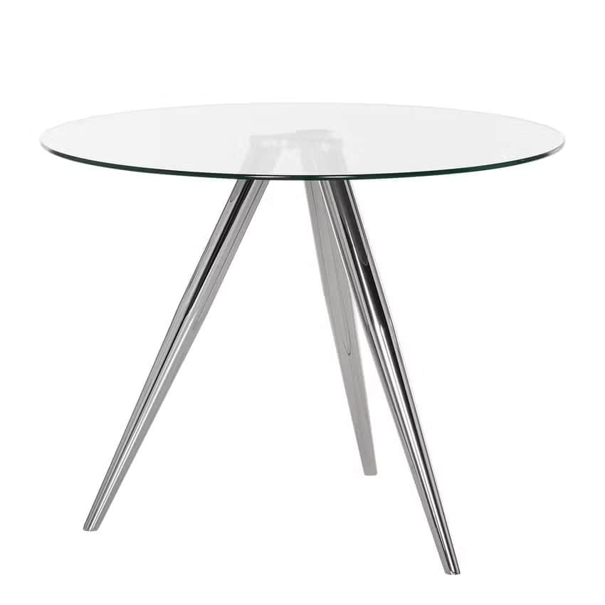 A modern dining table featuring a circular clear glass tabletop supported by a splayed tri-leg base… — 3D model