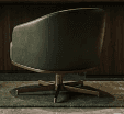 A modern swivel armchair with a barrel-shaped back and integrated arms, upholstered in a dark olive… — 3D model