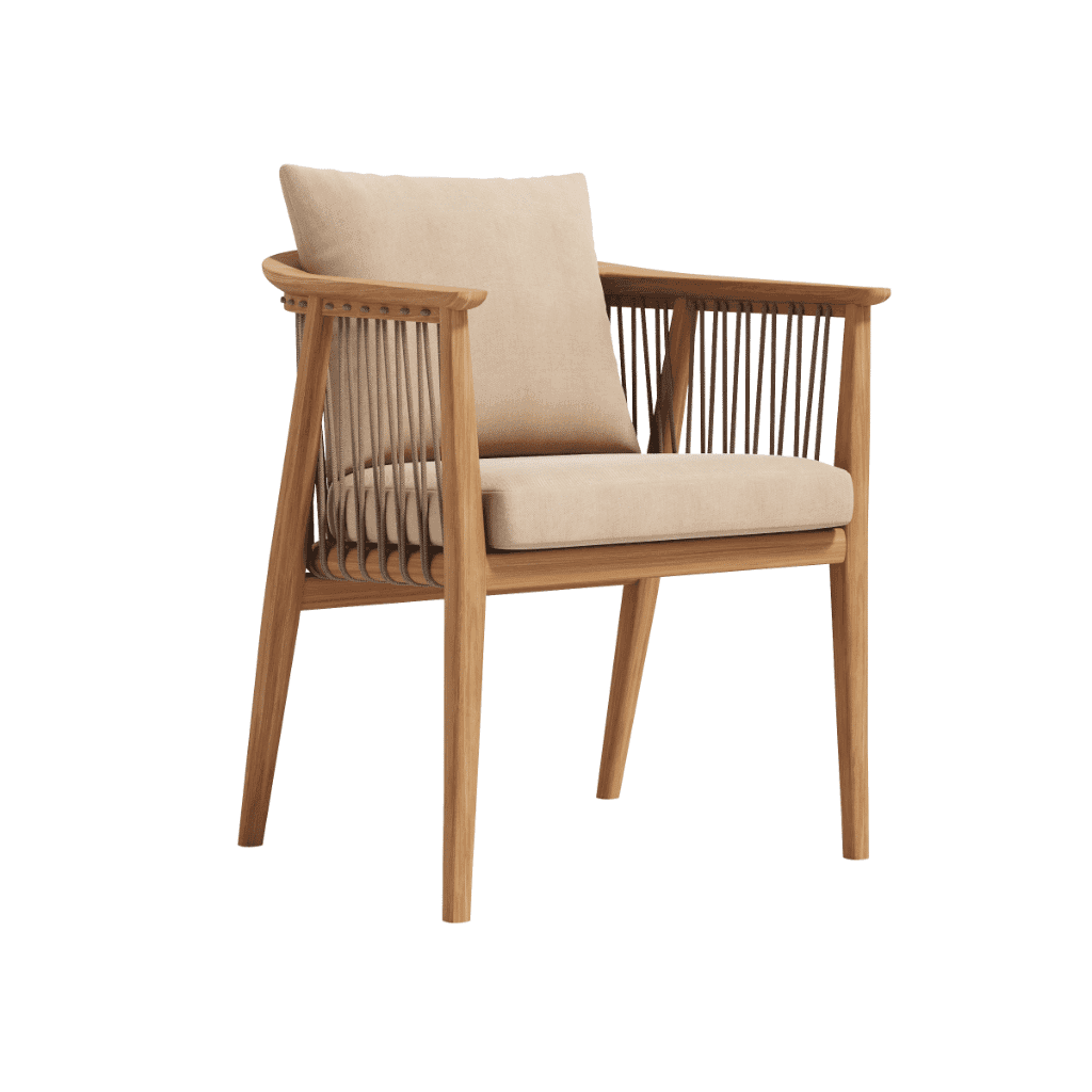 A contemporary armchair featuring a light-toned wooden frame, interwoven rope detailing on the back… — free STL 3D model