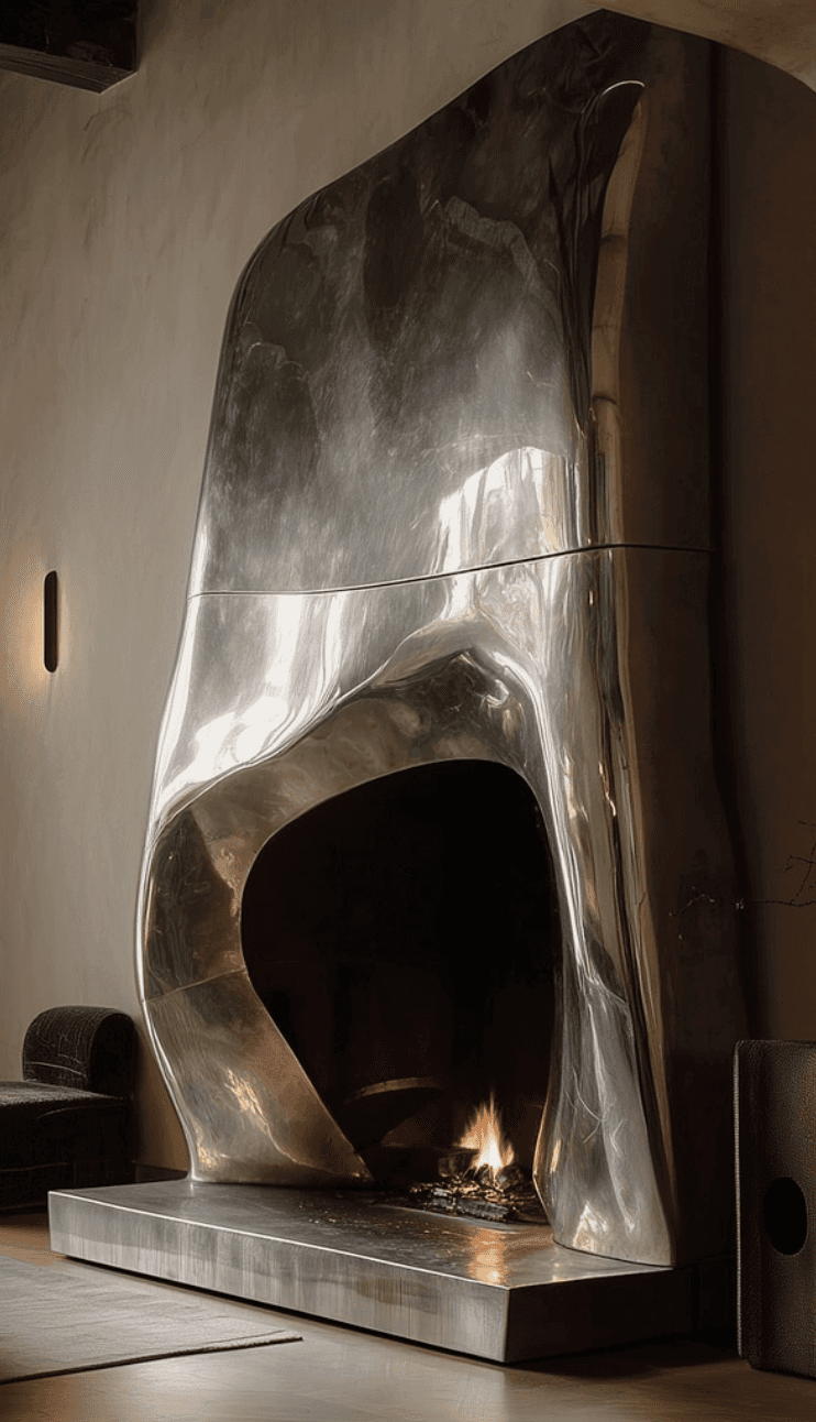 A freestanding, modern fireplace with an abstract, sculptural form. The structure is characterized b… — free OBJ 3D model