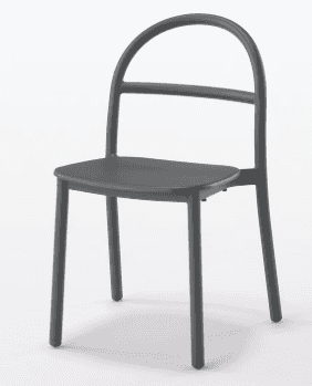 A minimalist, dark gray chair featuring a distinctive arched backrest and a solid, slightly curved s… — 3D model