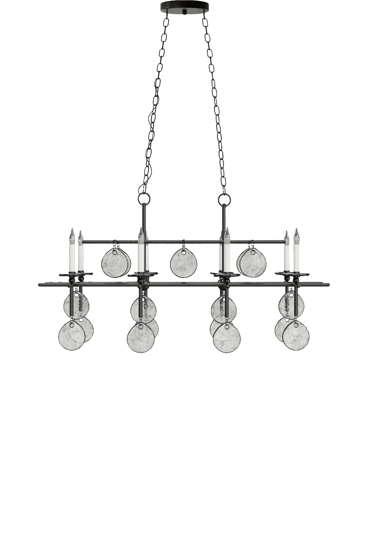 A linear chandelier featuring a dark metal frame with six candle-style light sources. The frame is s… — 3D model