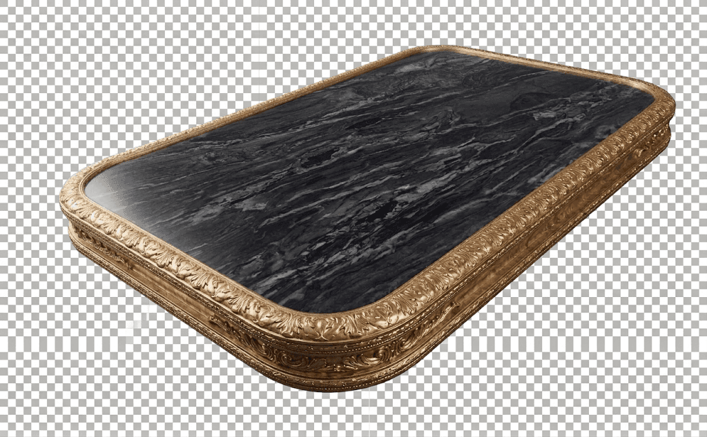 An ornate gilded tabletop featuring a rectangular black marble surface with rounded corners, set wit… — 3D model