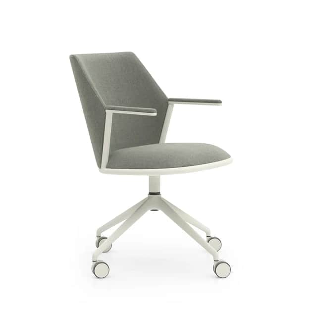 A modern office chair featuring grey fabric upholstery, a minimalist white frame with integrated arm… — 3D model