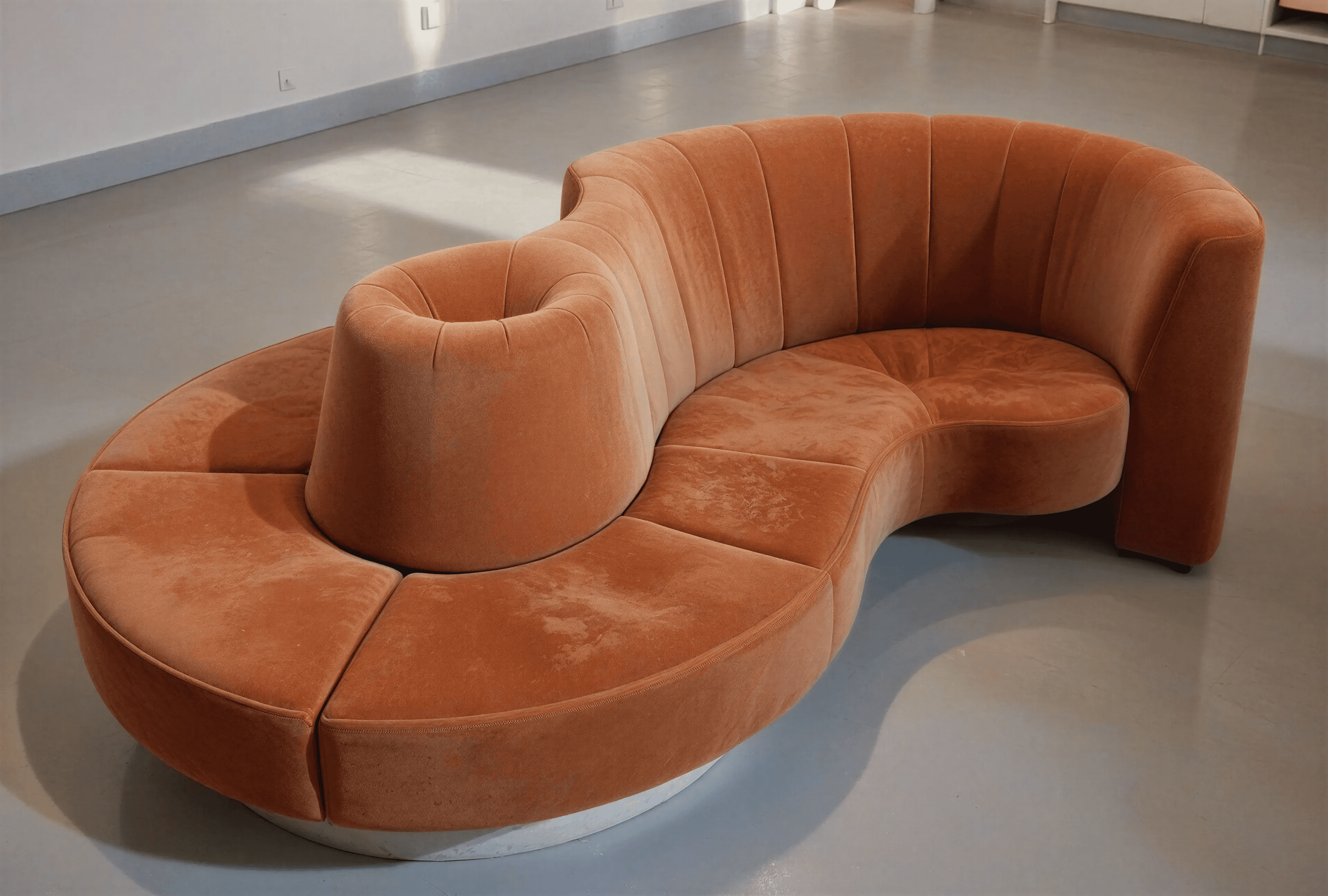 A large, curvilinear sectional sofa upholstered in a warm burnt orange velvet-like fabric, featuring… — 3D model