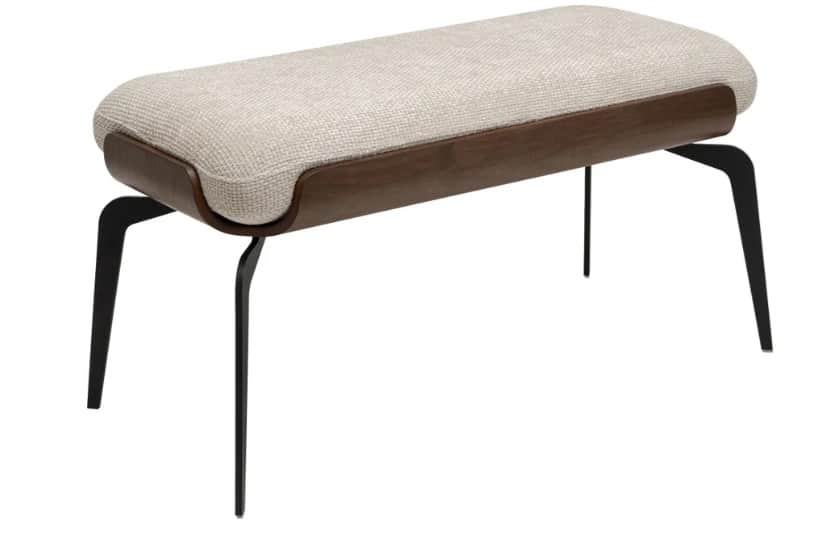 An elongated contemporary bench featuring an upholstered seat nestled within a curved wooden shell,… — 3D model