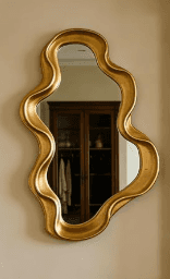A decorative wall mirror featuring a unique, irregularly shaped frame finished in antique gold. The… — 3D model