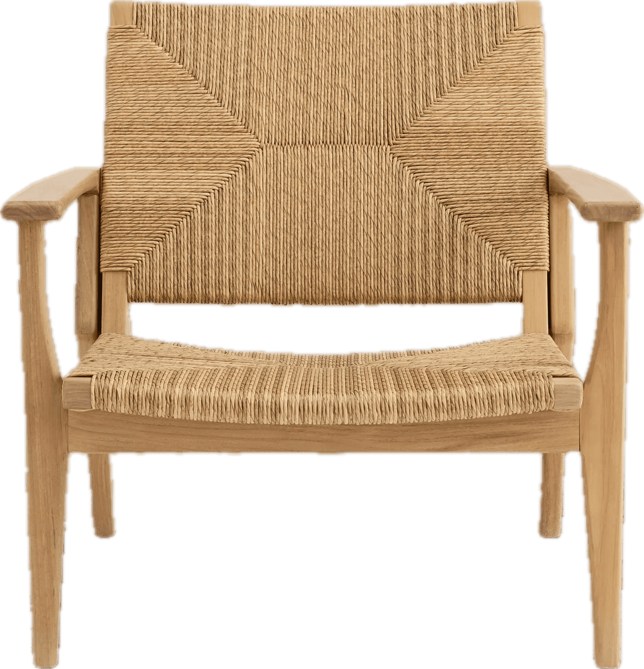 A light-toned wooden armchair featuring a rectangular backrest and a contoured seat, both intricatel… — 3D model