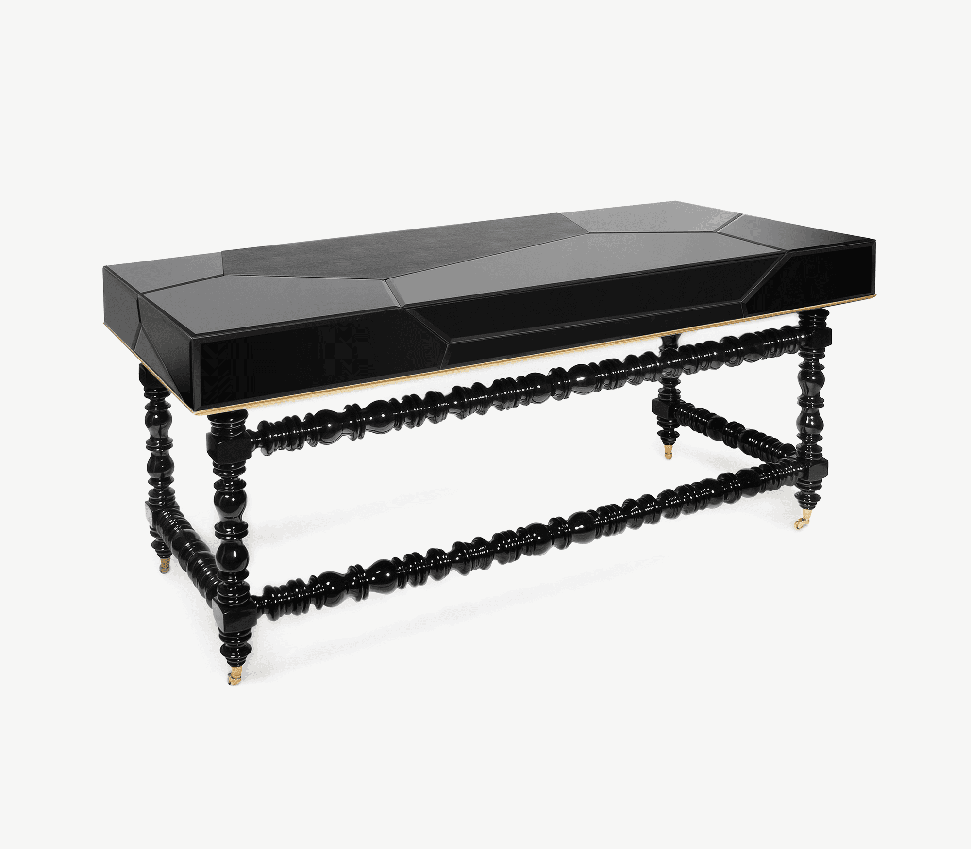 A rectangular console table featuring a glossy black finish with a segmented, geometric top surface.… — 3D model