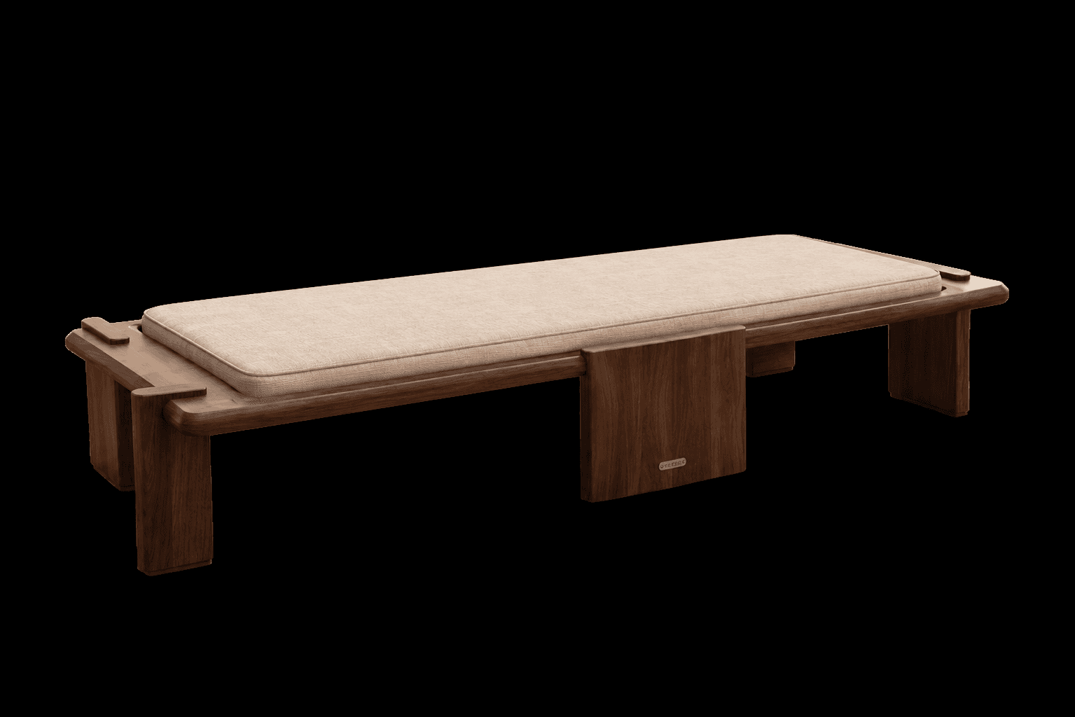 A long, minimalist modern bench featuring a removable upholstered cushion. The bench has a solid, da… — 3D model