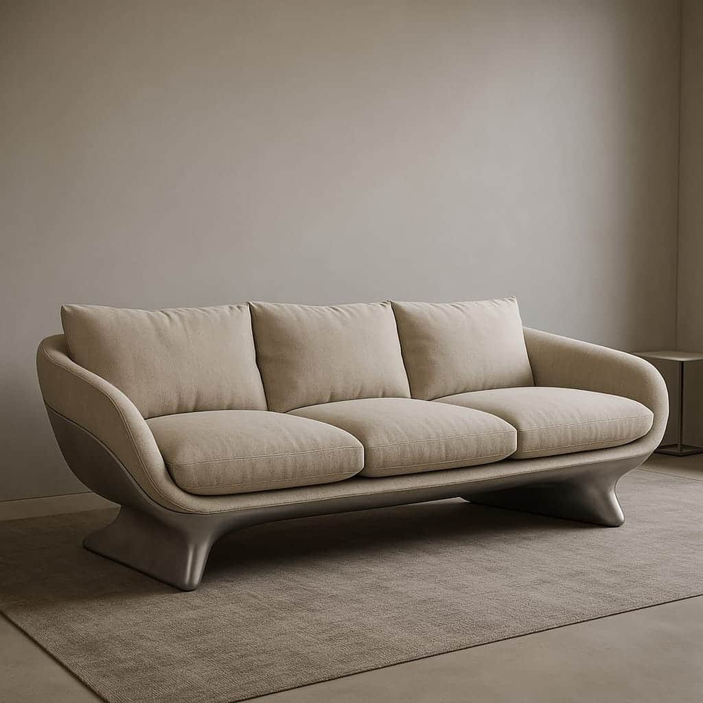 A modern three-seater sofa featuring light beige fabric upholstery on the seat and back cushions. Th… — free GLTF 3D model
